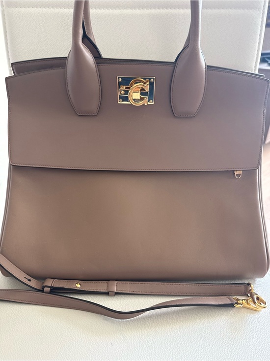 Salvatore Ferragamo Handbags - Salvatore Ferragamo Studio Leather Top Handle Bag Mud Gold Hardware